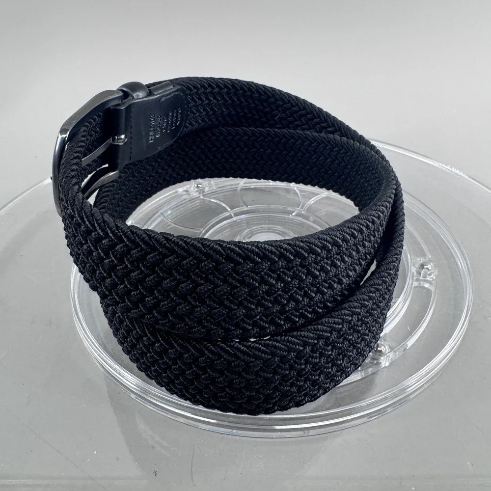 Mens Woven Braided Elastic Stretch Belt Black Genuine Leather Trim Size M 34-36